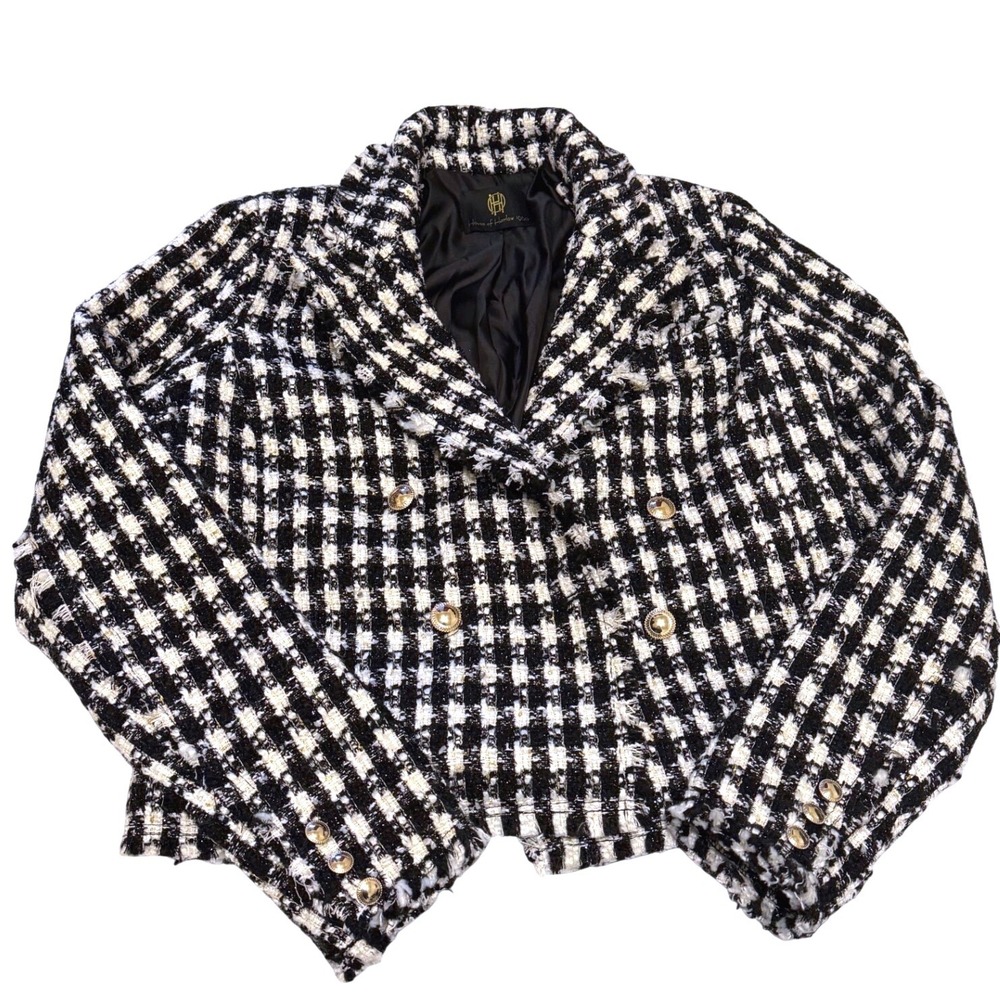 House of Harlow 1960 Black White Tweed Wool Blend Cropped Blazer Gold Button S